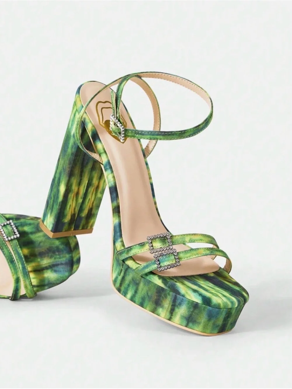 NWOT Green Tie Dye Watermelon Platform Block Heel Sandal Rhinestone Buckles